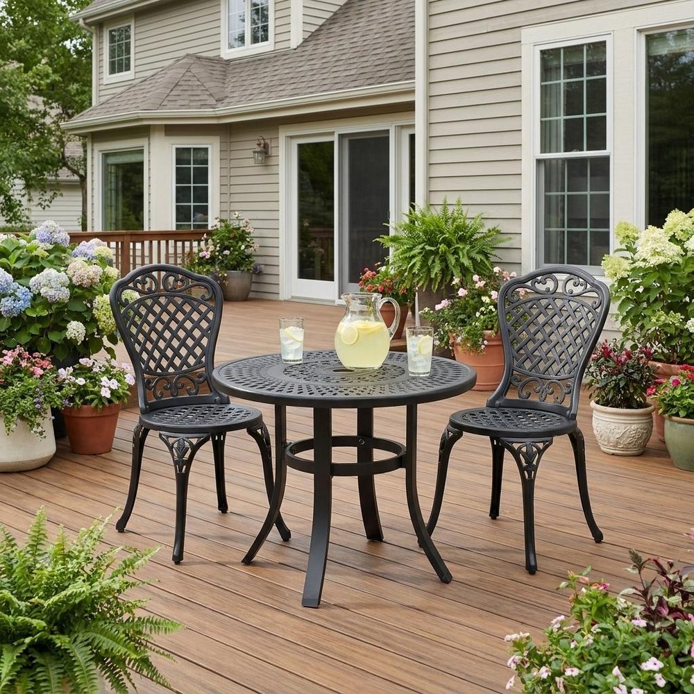 Black Rounded Metal Outdoor Bistro Table with Umbrella Hole - 24-inch