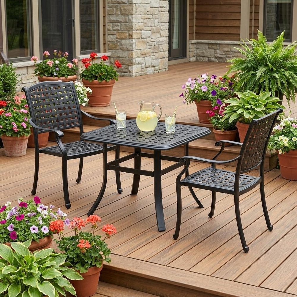 Black Square Metal Outdoor Bistro Table with Umbrella Hole - 24-inch