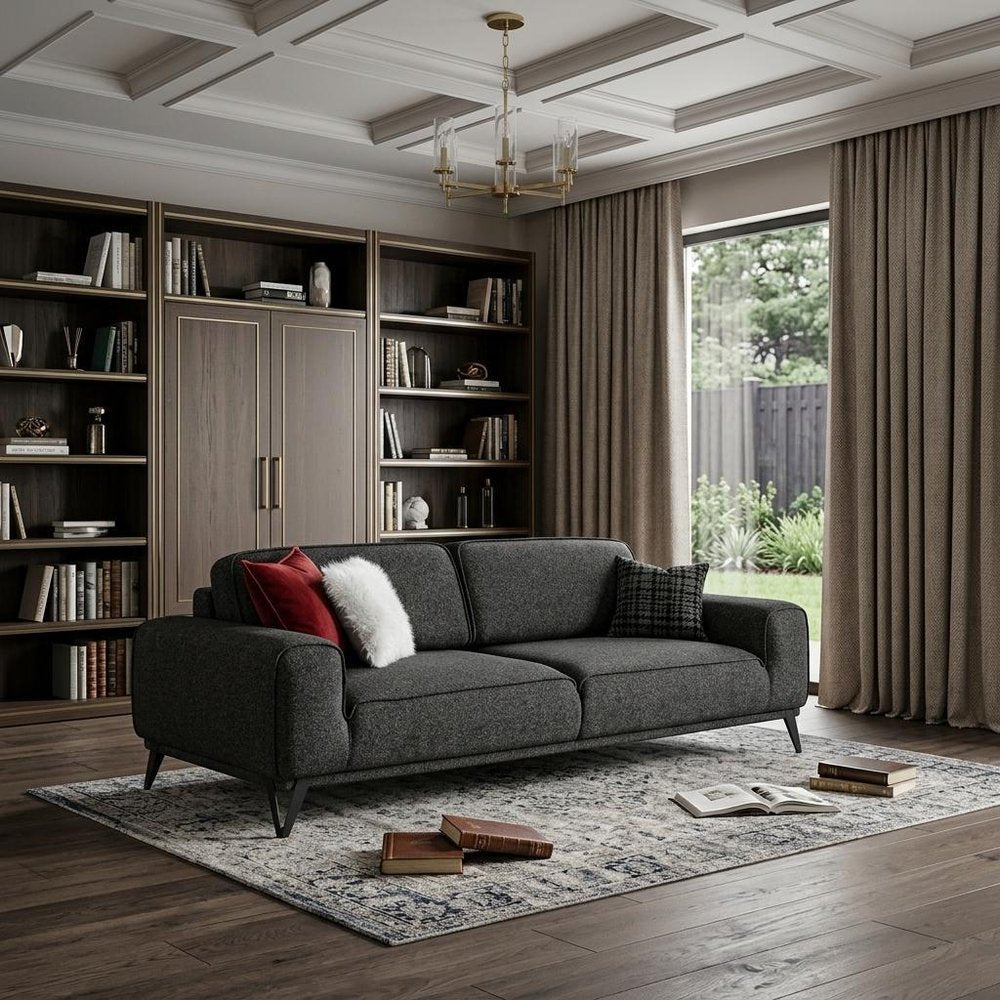 Dark Gray Linen Sleeper Sofa and Toss Pillows with Silver Legs