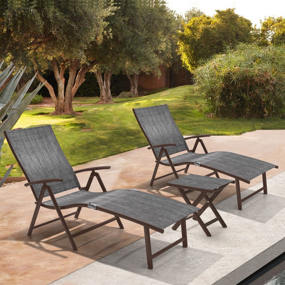 Set of Two Gray Steel Five Position Adjustable Outdoor Stacking Chaise Lounges