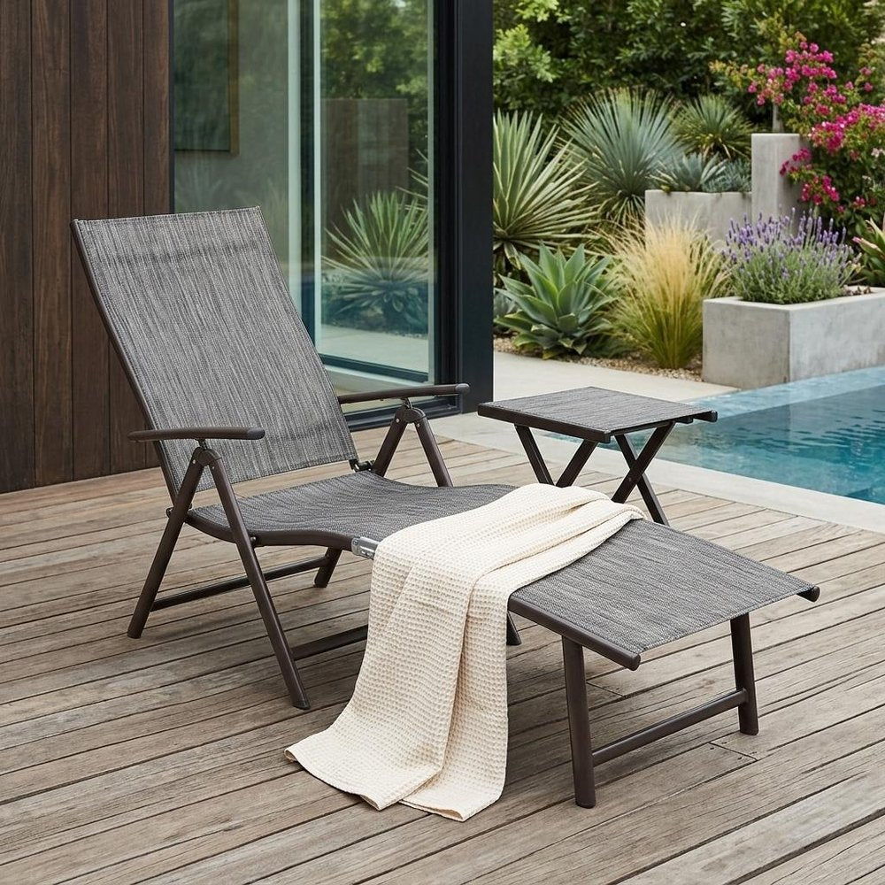 Set of Two Gray Steel Five Position Adjustable Outdoor Stacking Chaise Lounges