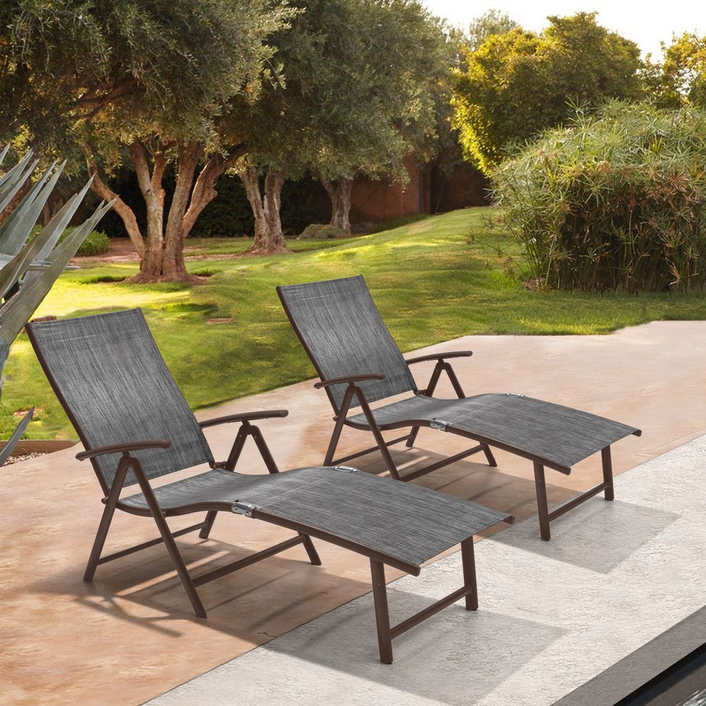 Set of Two Gray Steel Six Position Adjustable Outdoor Chaise Lounges