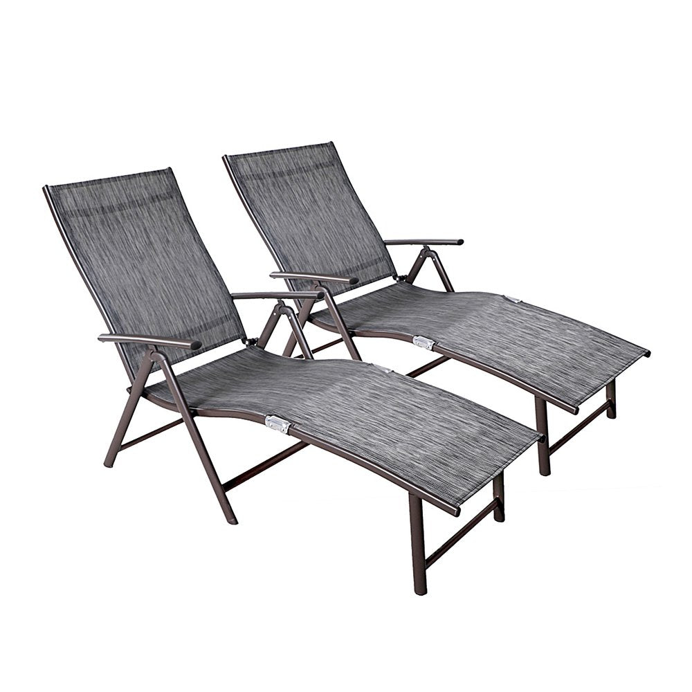Set of Two Gray Steel Six Position Adjustable Outdoor Chaise Lounges