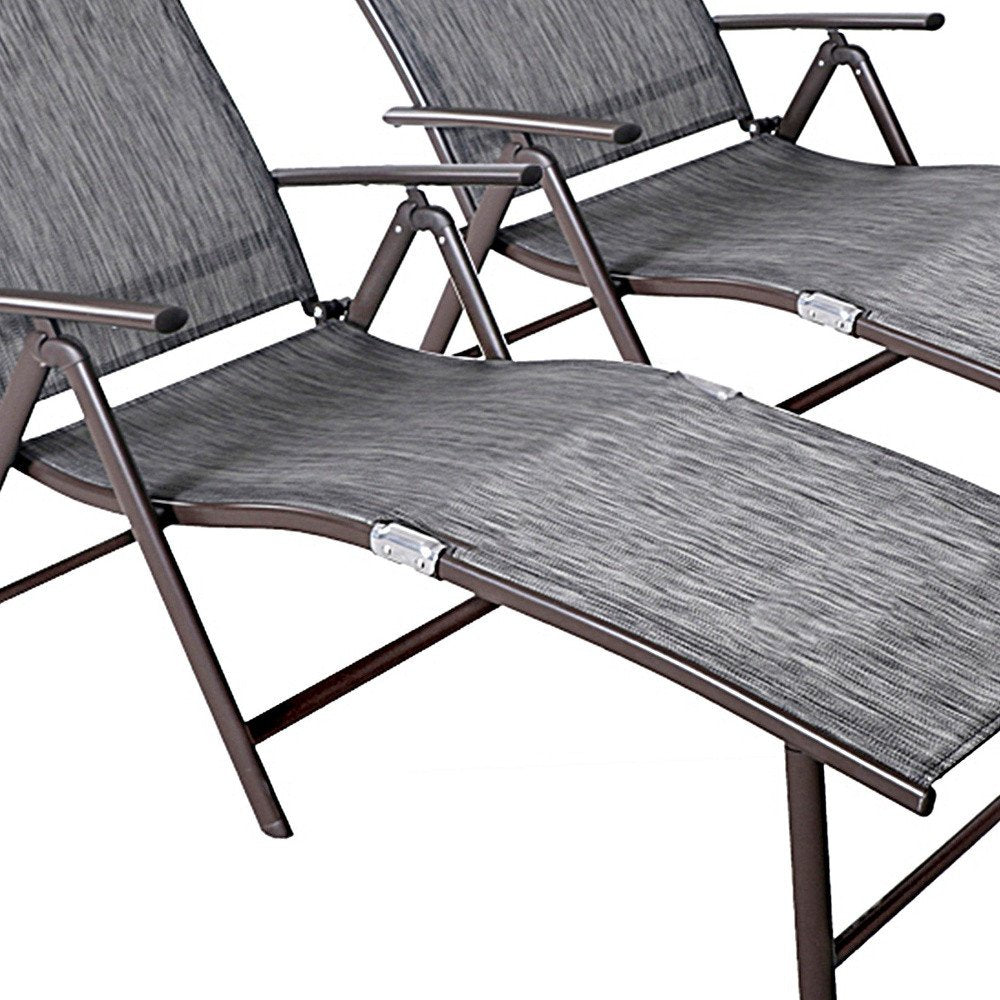 Set of Two Gray Steel Six Position Adjustable Outdoor Chaise Lounges