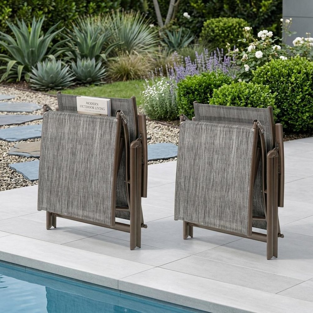 Set of Two Gray Steel Six Position Adjustable Outdoor Chaise Lounges