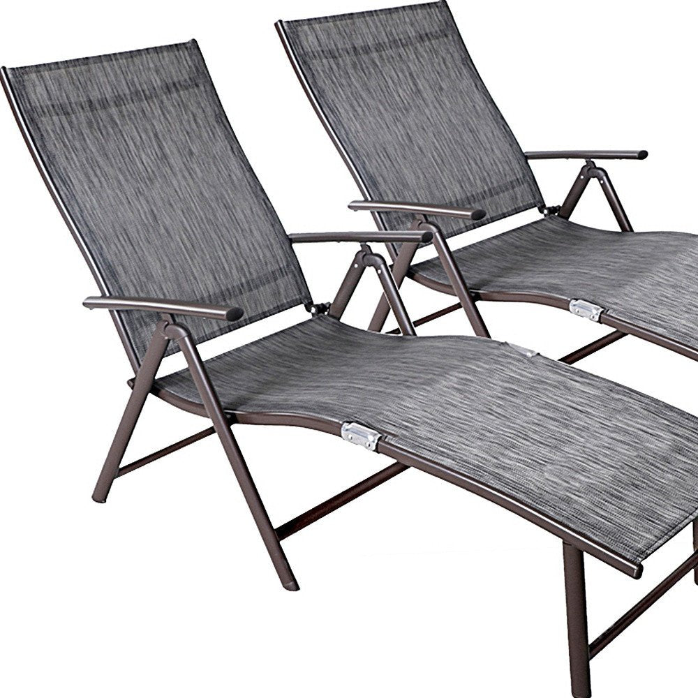 Set of Two Gray Steel Six Position Adjustable Outdoor Chaise Lounges