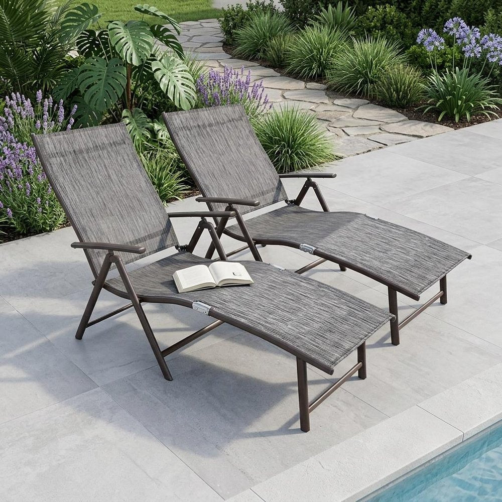 Set of Two Gray Steel Six Position Adjustable Outdoor Chaise Lounges