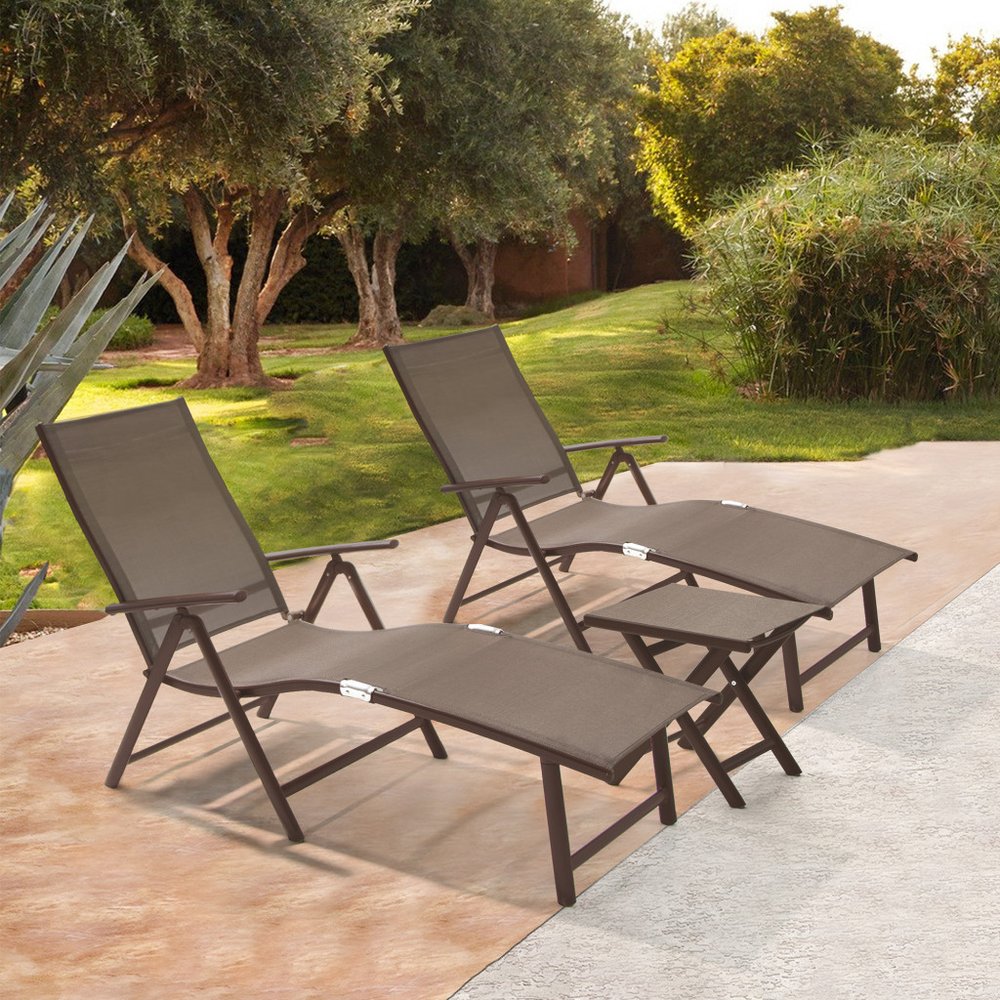 Set of Two Brown Steel Six Position Adjustable Outdoor Chaise Lounges