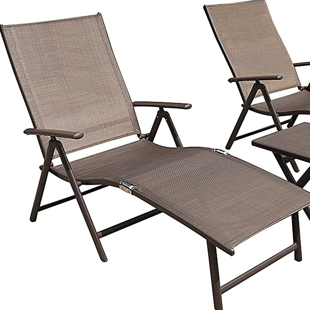 Set of Two Brown Steel Six Position Adjustable Outdoor Chaise Lounges