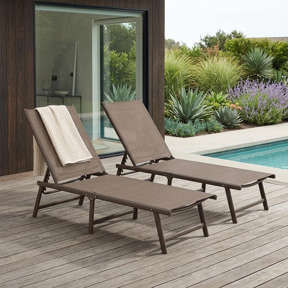 Set of Two Brown Steel Six Position Adjustable Outdoor Chaise Lounges