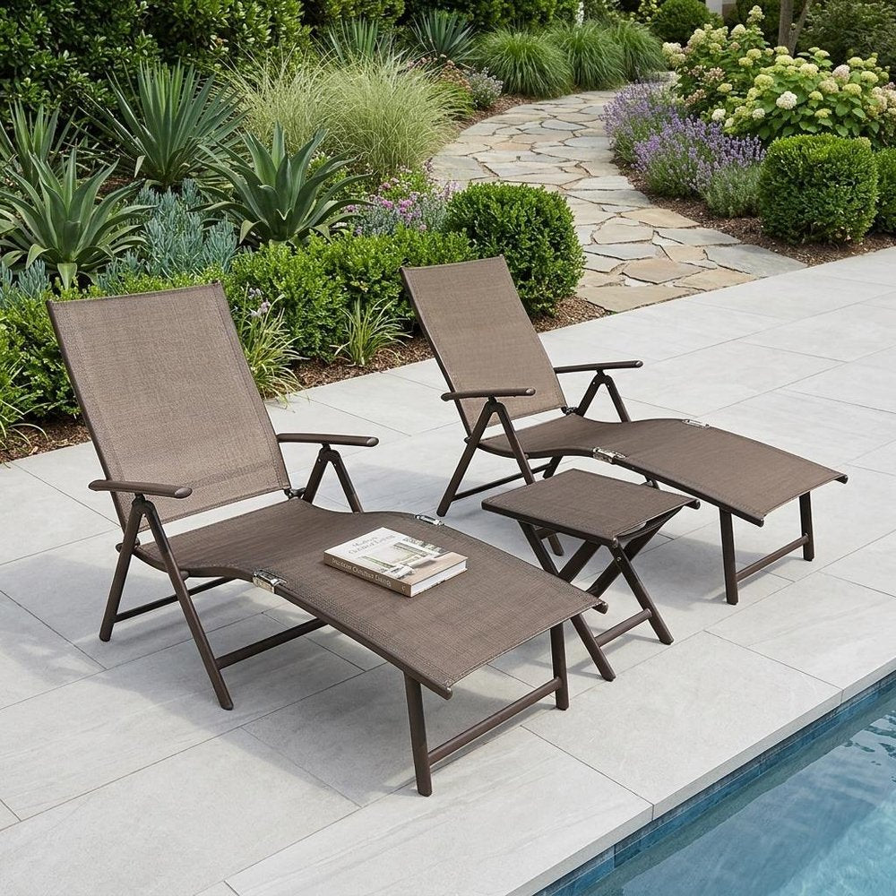 Set of Two Brown Steel Six Position Adjustable Outdoor Chaise Lounges