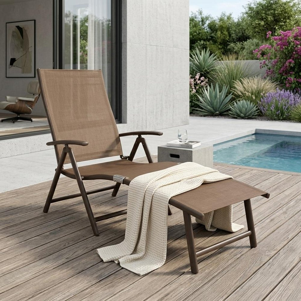 Set of Two Brown Aluminum Eight Position Adjustable Outdoor Folding Chaise Lounges