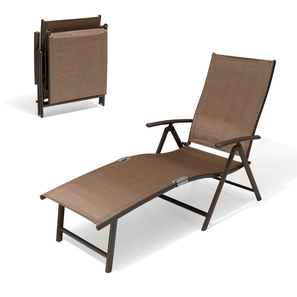 Set of Two Brown Aluminum Eight Position Adjustable Outdoor Folding Chaise Lounges
