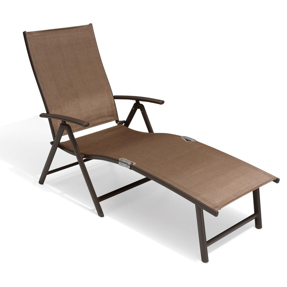 Set of Two Brown Aluminum Eight Position Adjustable Outdoor Folding Chaise Lounges