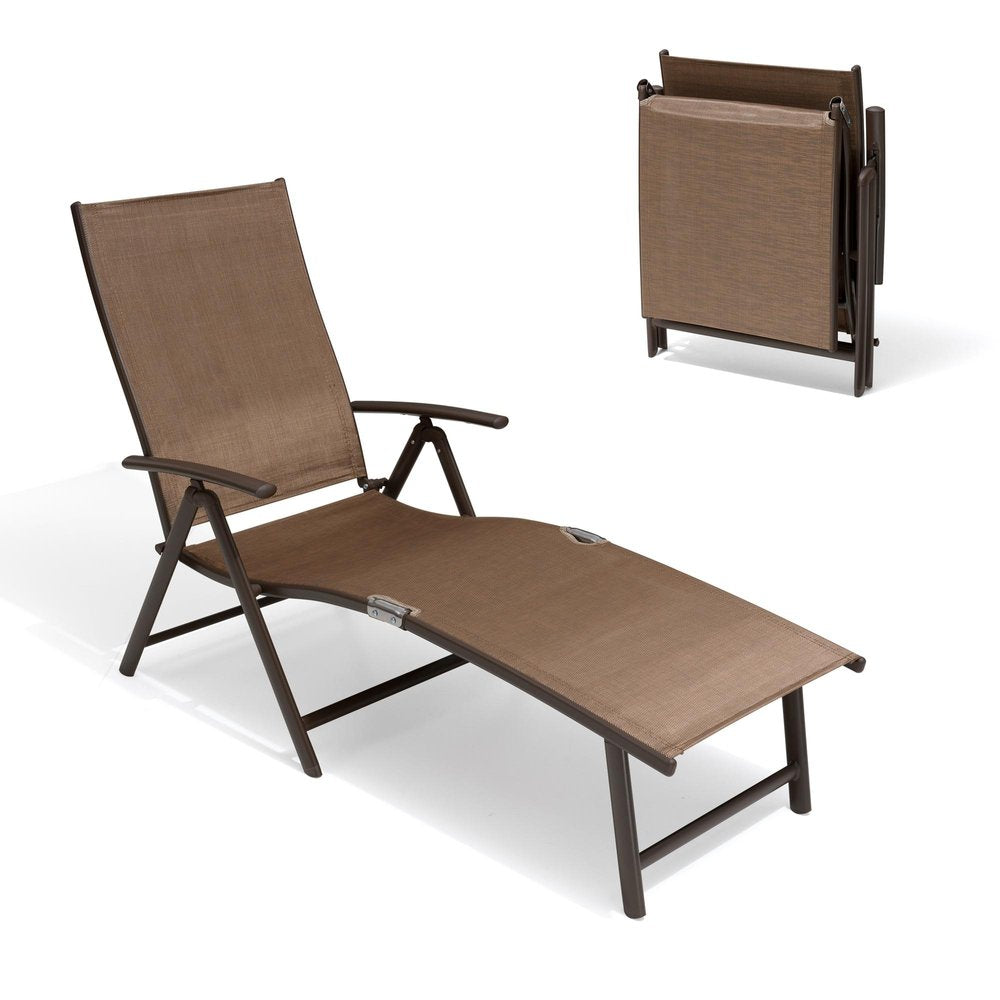 Set of Two Brown Aluminum Eight Position Adjustable Outdoor Folding Chaise Lounges