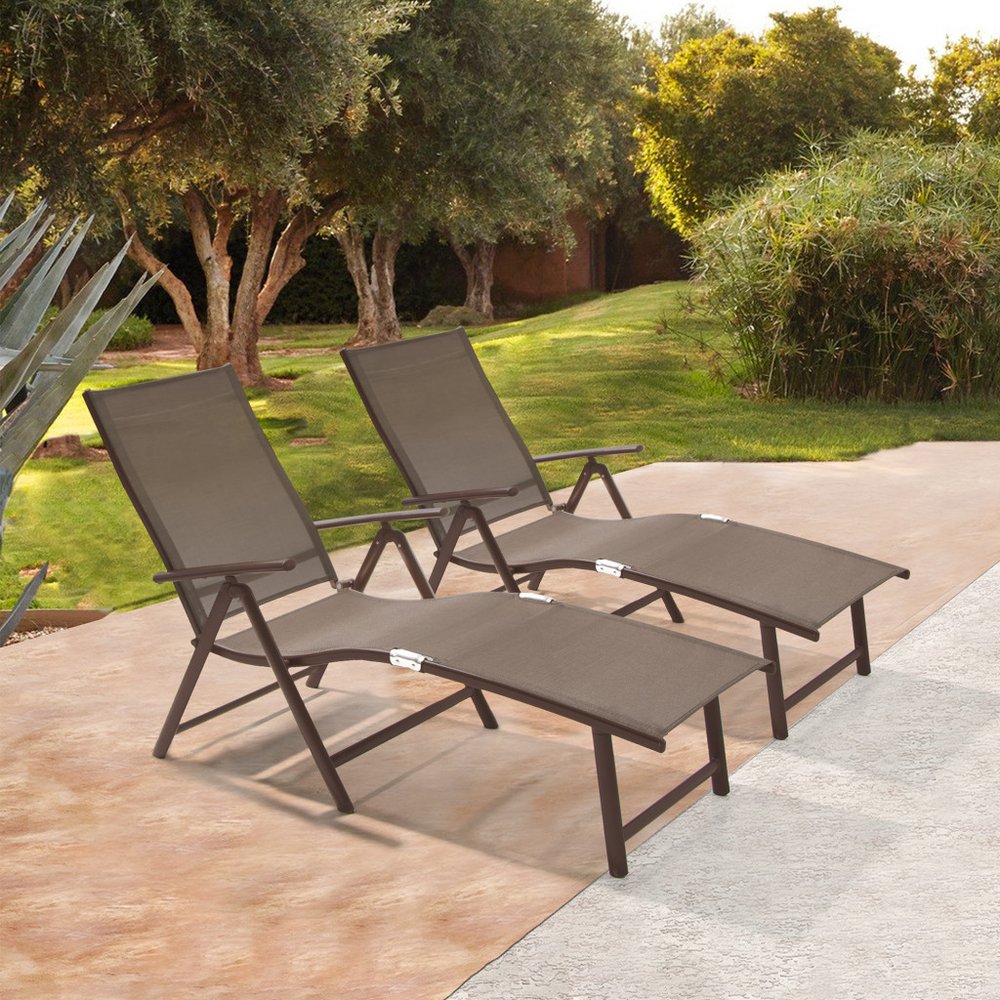 Set of Two Brown Steel Six Position Adjustable Outdoor Chaise Lounges