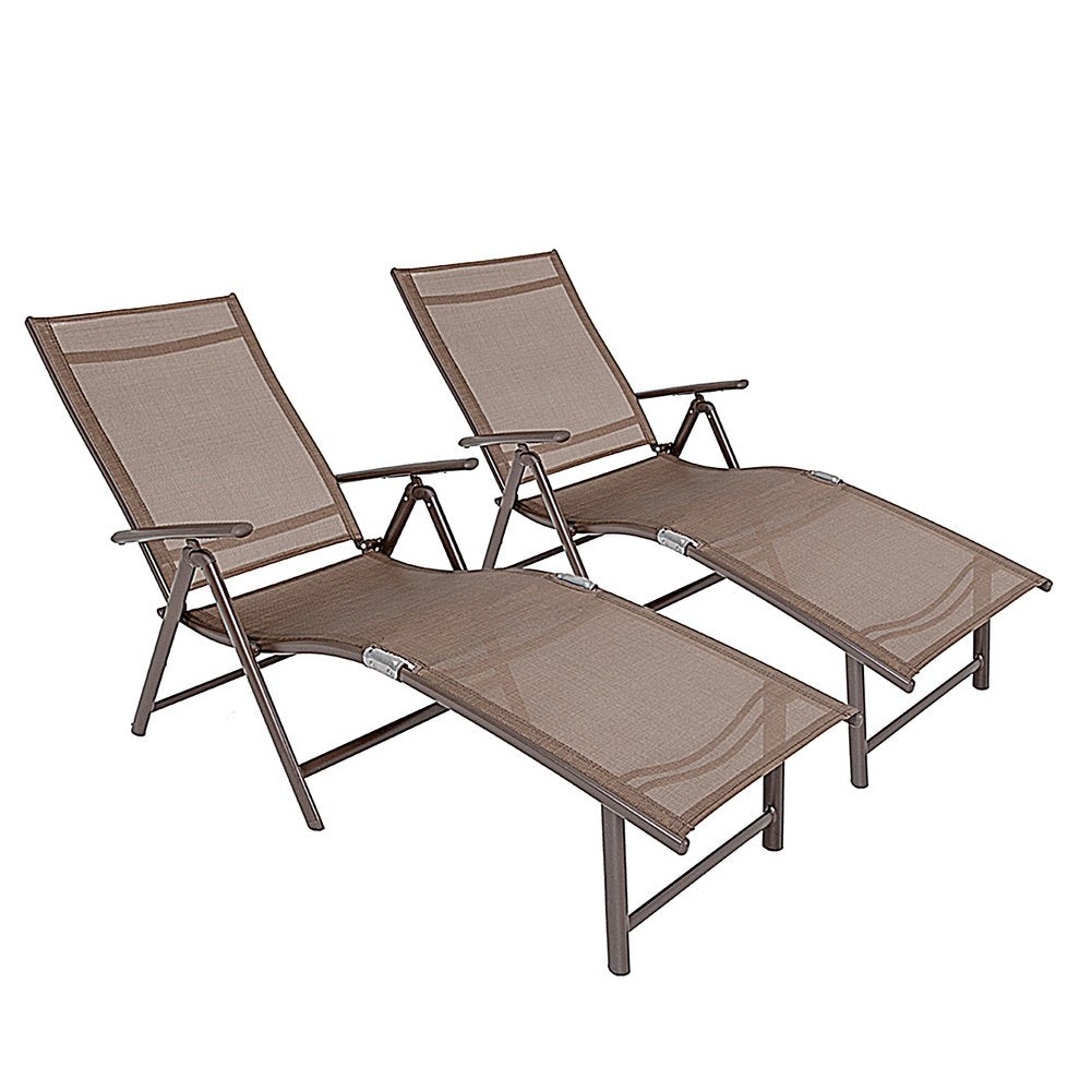 Set of Two Brown Steel Six Position Adjustable Outdoor Chaise Lounges