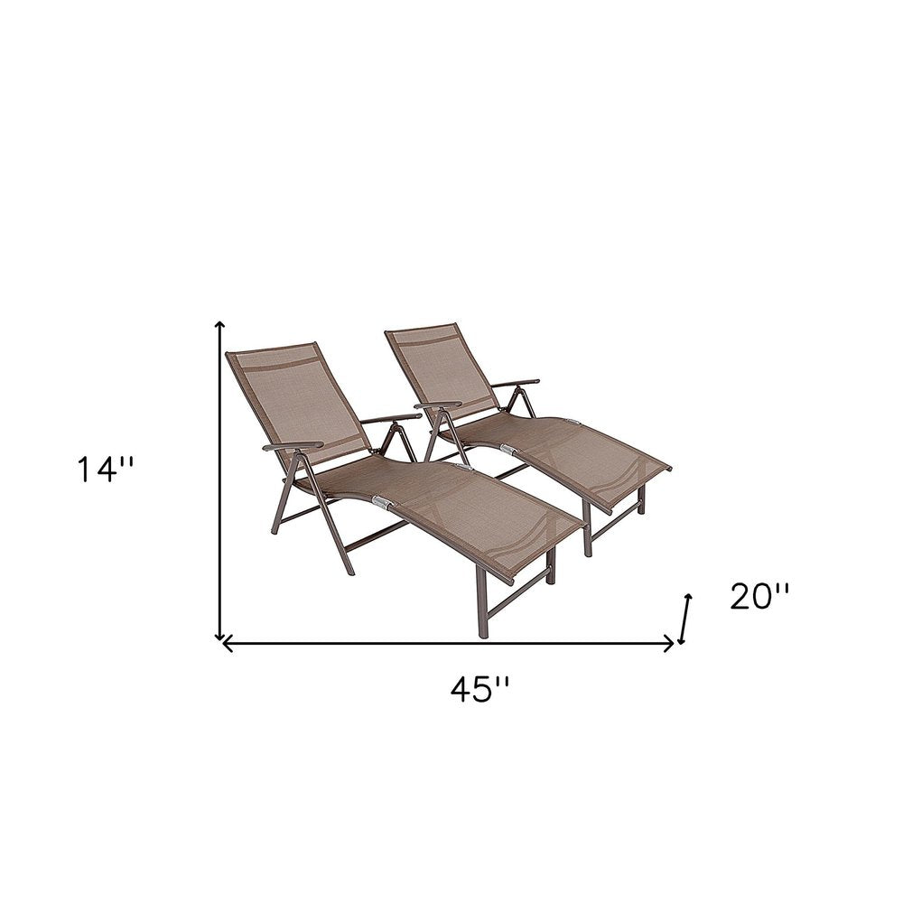 Set of Two Brown Steel Six Position Adjustable Outdoor Chaise Lounges