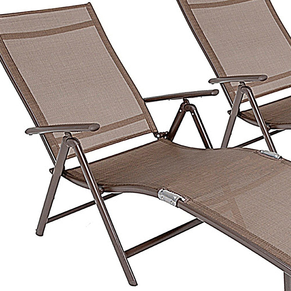 Set of Two Brown Steel Six Position Adjustable Outdoor Chaise Lounges