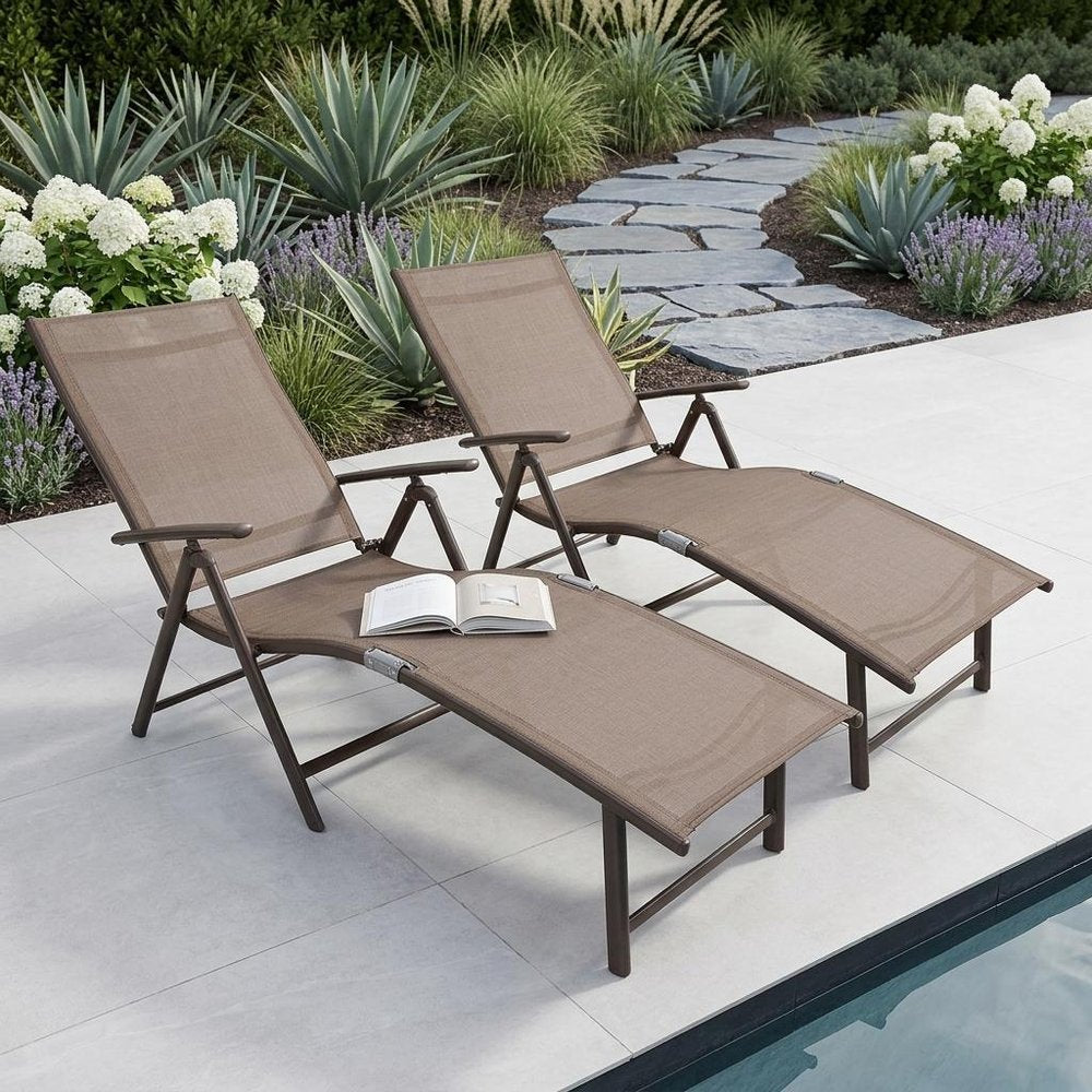 Set of Two Brown Steel Six Position Adjustable Outdoor Chaise Lounges