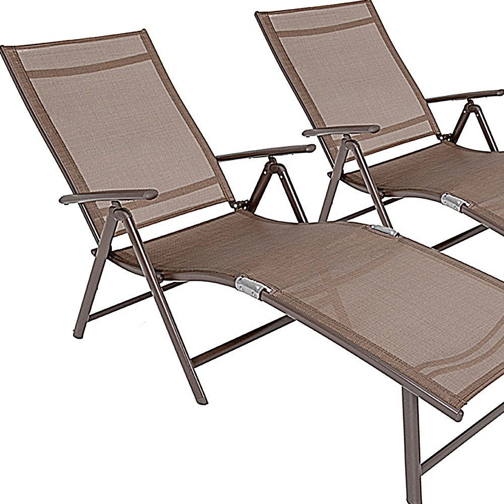 Set of Two Brown Steel Six Position Adjustable Outdoor Chaise Lounges