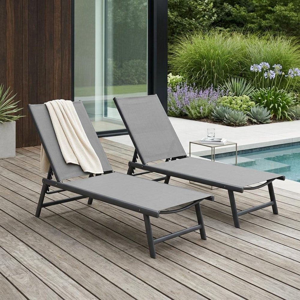 Set of Two Gray Aluminum Six Position Adjustable Outdoor Chaise Lounges