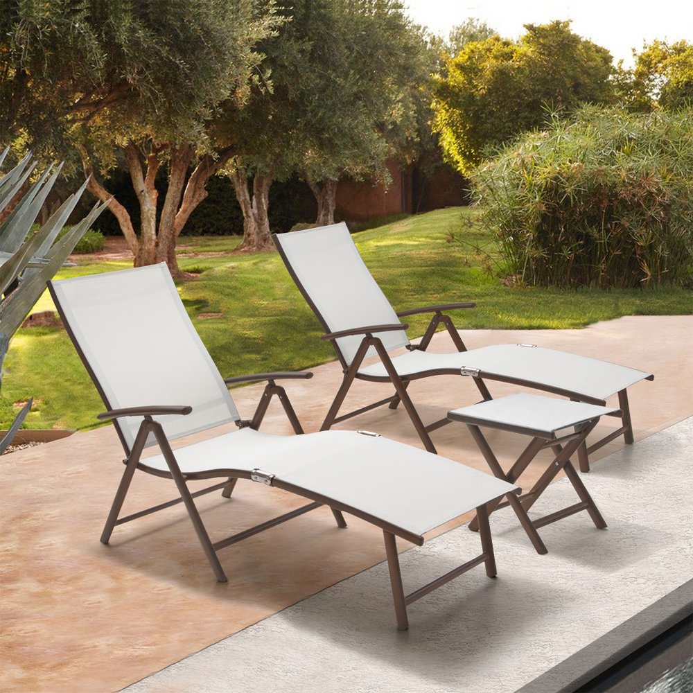 Set of Three Light Gray Steel Outdoor Folding Chaise Lounges