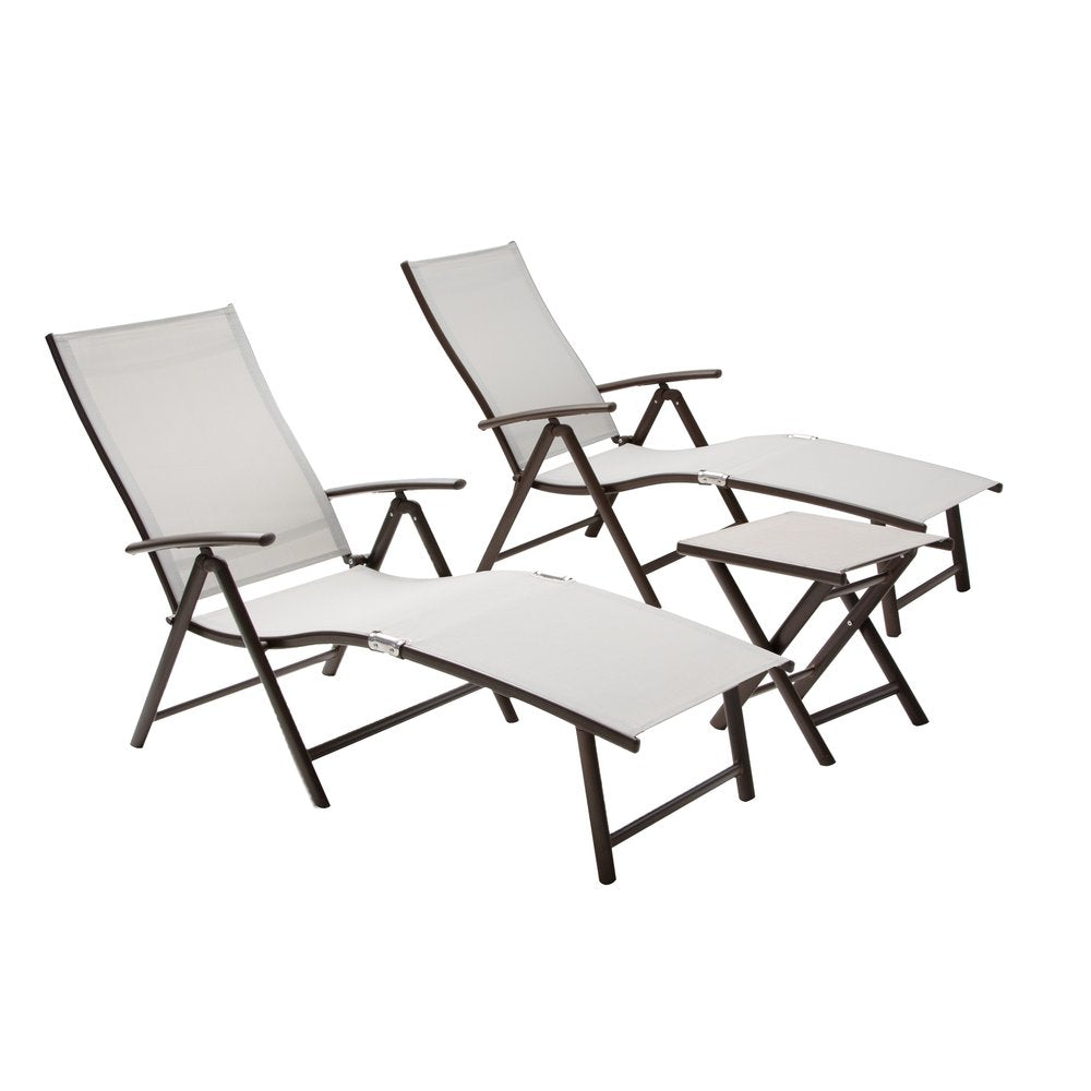 Set of Three Light Gray Steel Outdoor Folding Chaise Lounges