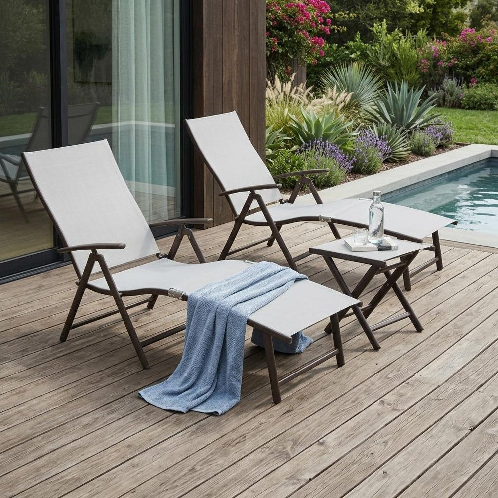Set of Three Light Gray Steel Outdoor Folding Chaise Lounges