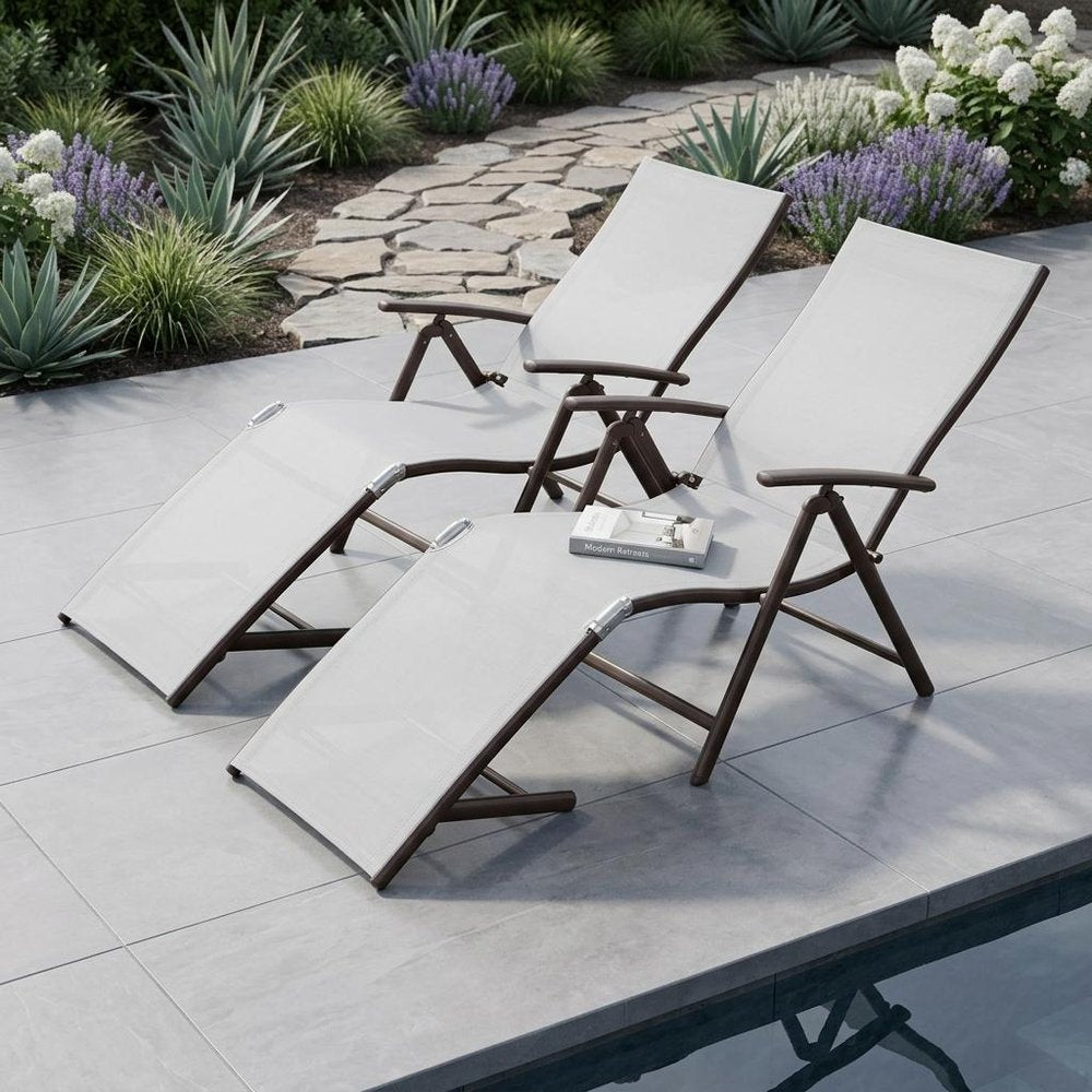Set of Four Light Gray Steel Outdoor Folding Chaise Lounges