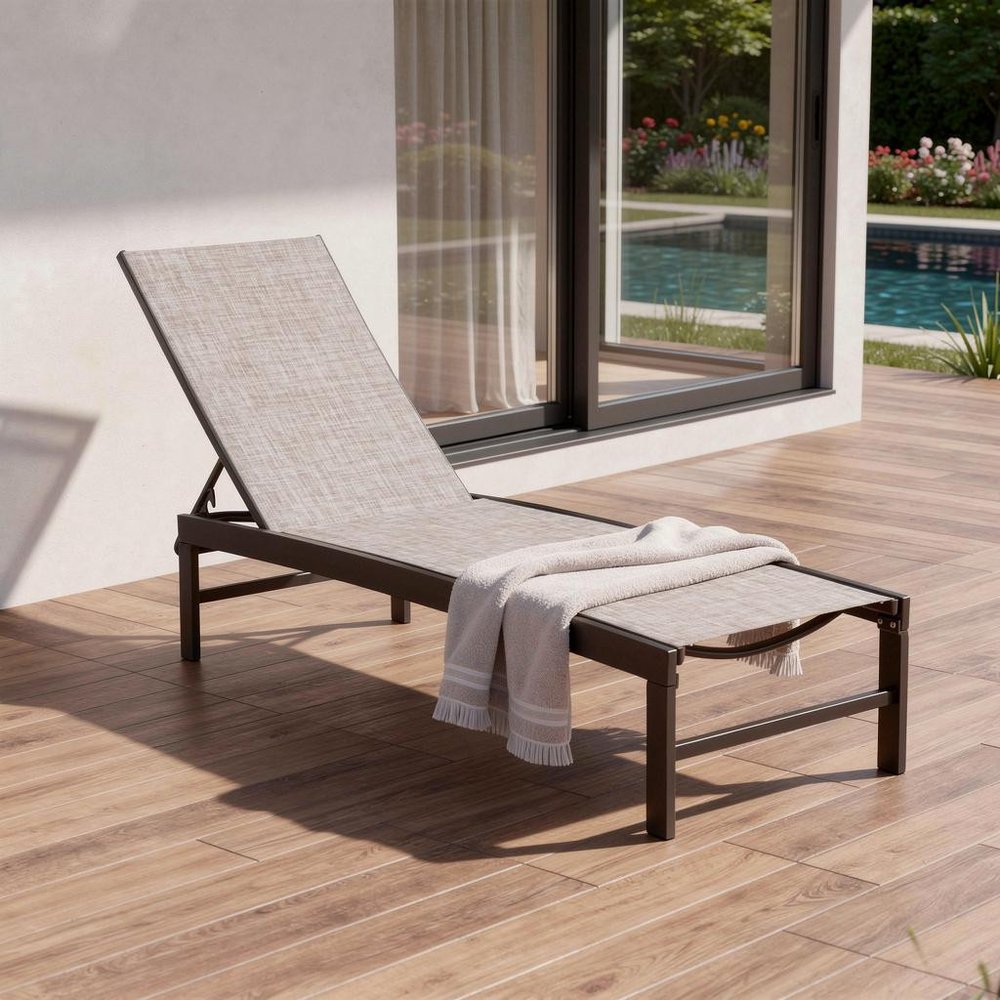 Set of Two Beige Aluminum Five Position Adjustable Outdoor Chaise Lounges