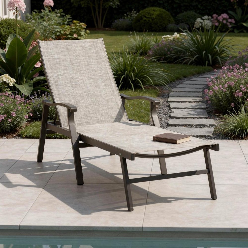 Set of Two Beige Aluminum Five Position Adjustable Outdoor Chaise Lounges