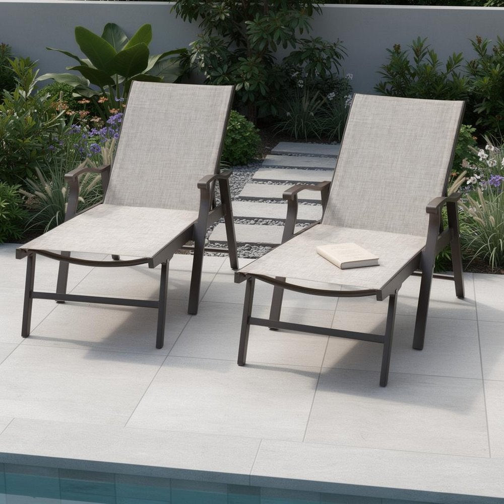 Beige Steel Six Position Adjustable Outdoor Chaise Lounge - 44-inch
