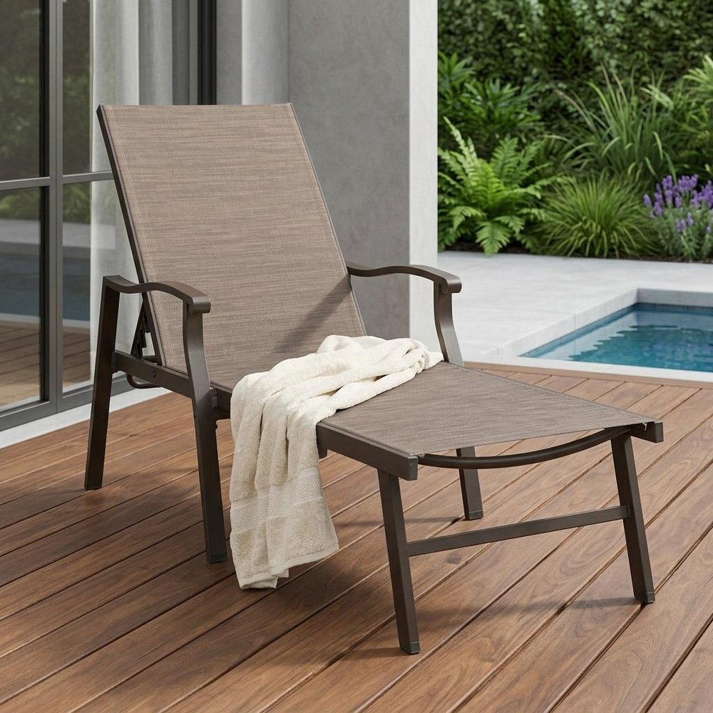 Set of Two Brown Steel Six Position Adjustable Outdoor Chaise Lounges