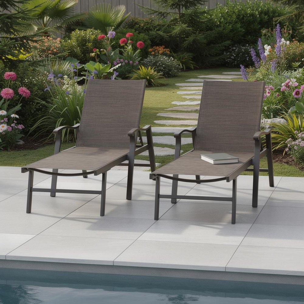 Set of Two Brown Steel Six Position Adjustable Outdoor Chaise Lounges