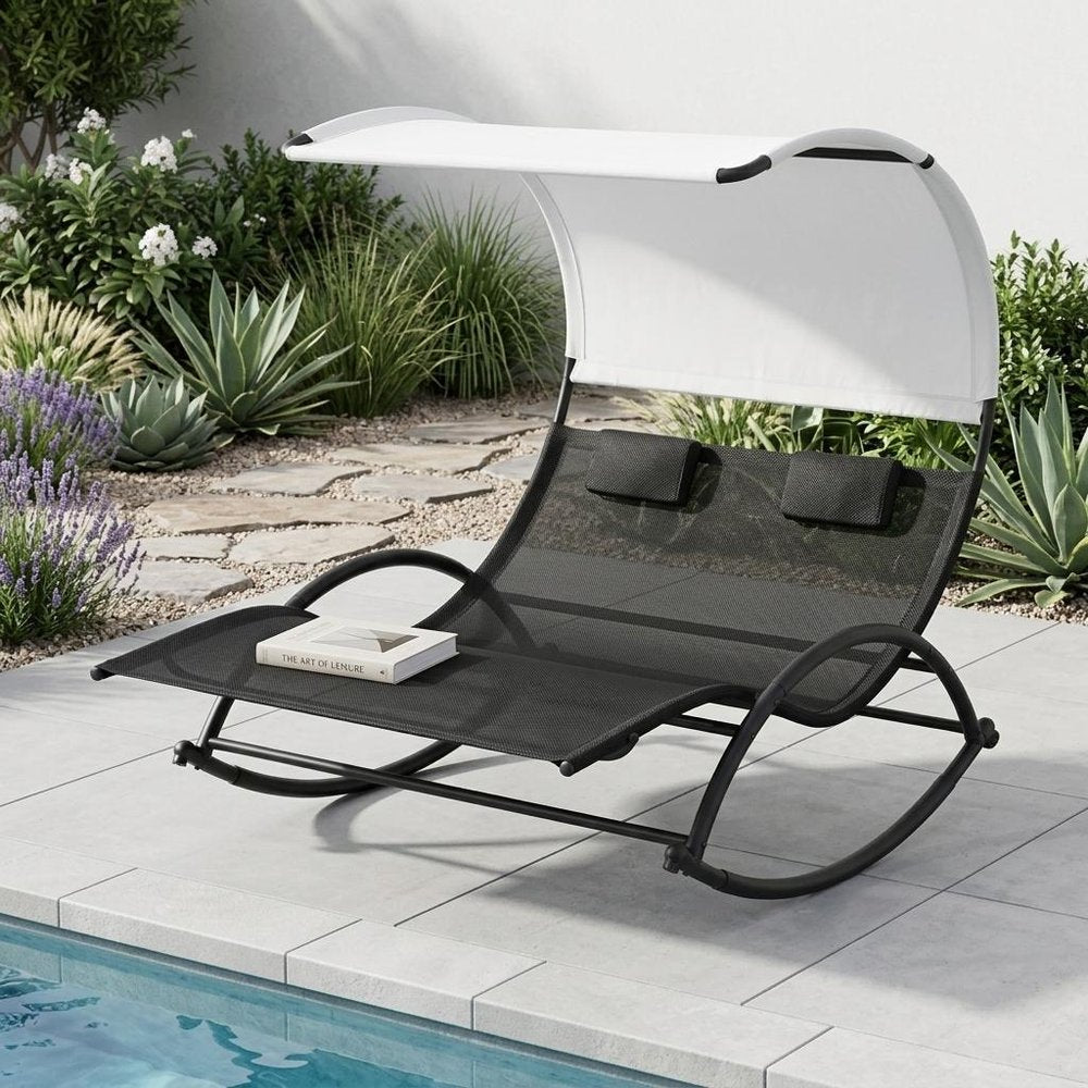 Black Aluminum Six Position Adjustable Outdoor Chaise Lounge with Canopy