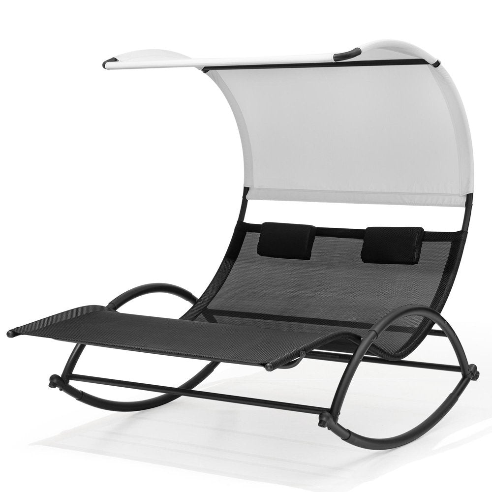 Black Aluminum Six Position Adjustable Outdoor Chaise Lounge with Canopy