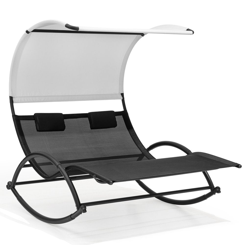 Black Aluminum Six Position Adjustable Outdoor Chaise Lounge with Canopy