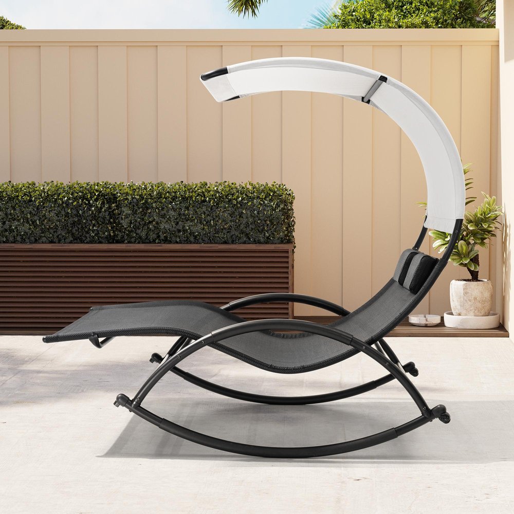 Black Aluminum Six Position Adjustable Outdoor Chaise Lounge with Canopy