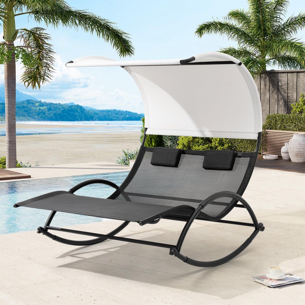 Black Aluminum Six Position Adjustable Outdoor Chaise Lounge with Canopy