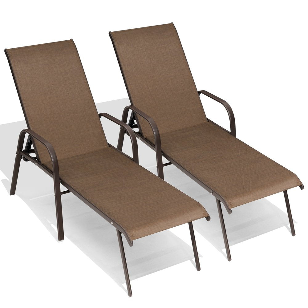 Set of Two Brown Aluminum Six Position Adjustable Outdoor Chaise Lounges