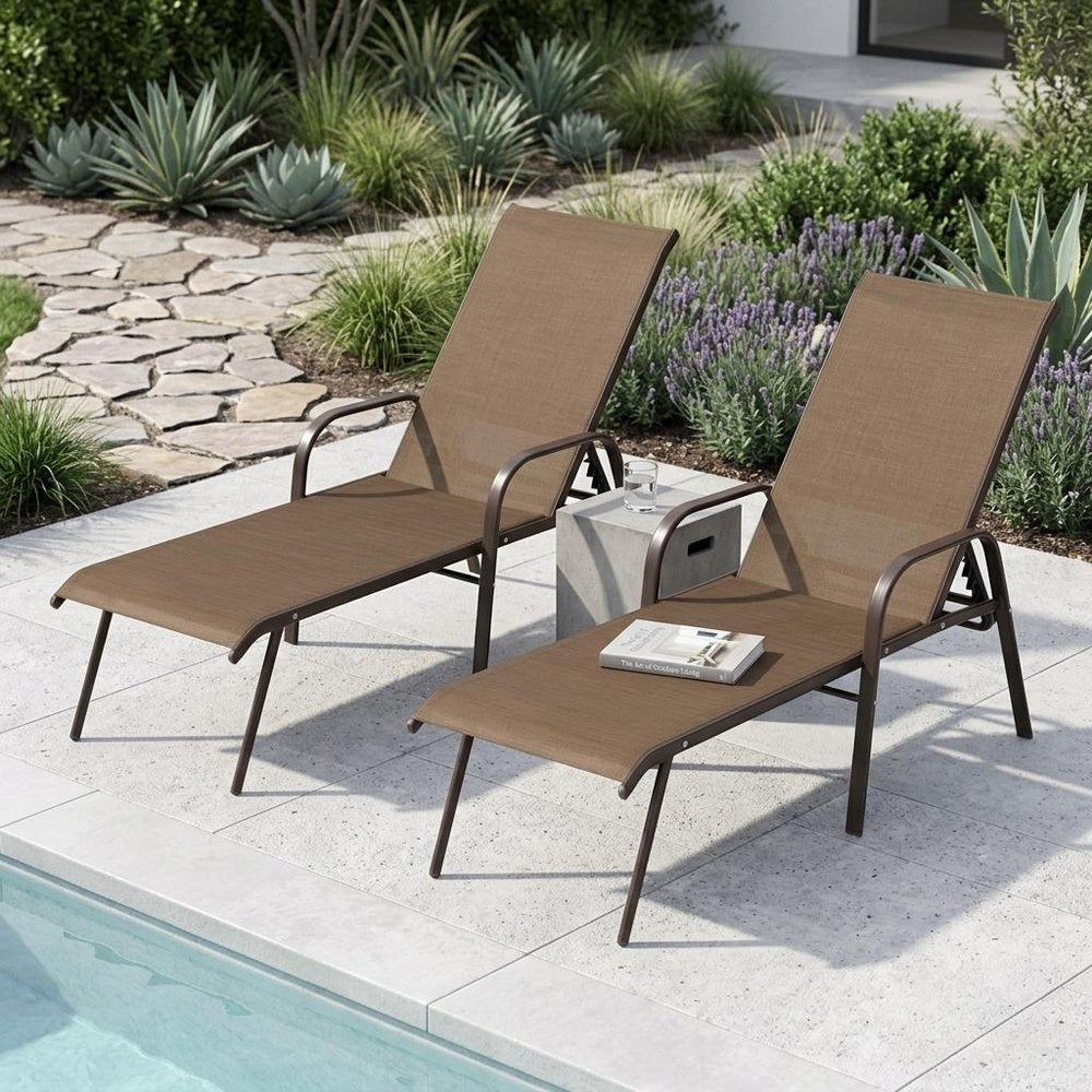 Set of Two Brown Aluminum Six Position Adjustable Outdoor Chaise Lounges