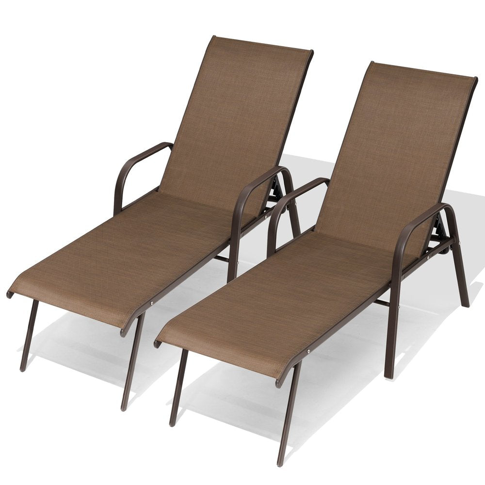 Set of Two Brown Aluminum Six Position Adjustable Outdoor Chaise Lounges