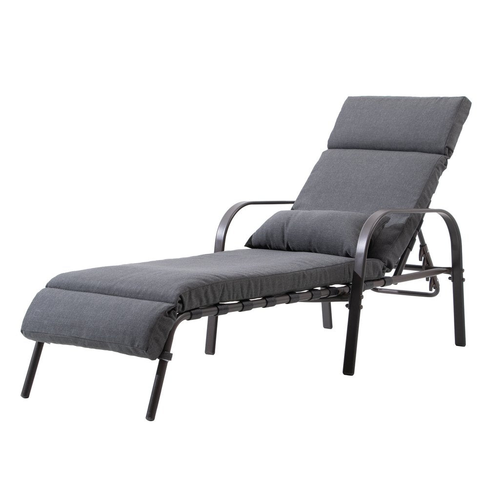 Set of Two Dark Gray Aluminum Six Position Adjustable Outdoor Chaise Lounges with Gray Cushion