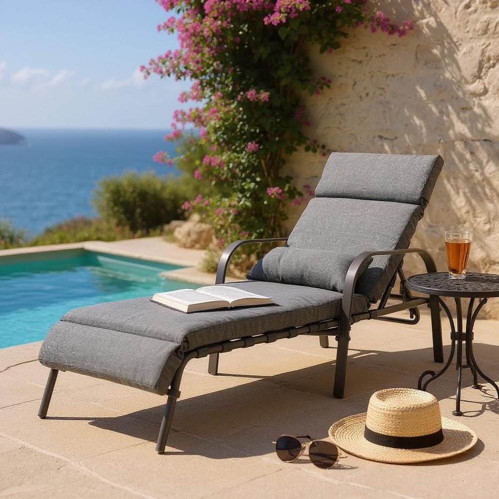 Set of Two Dark Gray Aluminum Six Position Adjustable Outdoor Chaise Lounges with Gray Cushion