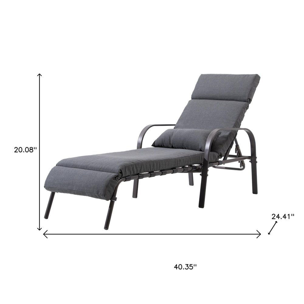 Set of Two Dark Gray Aluminum Six Position Adjustable Outdoor Chaise Lounges with Gray Cushion