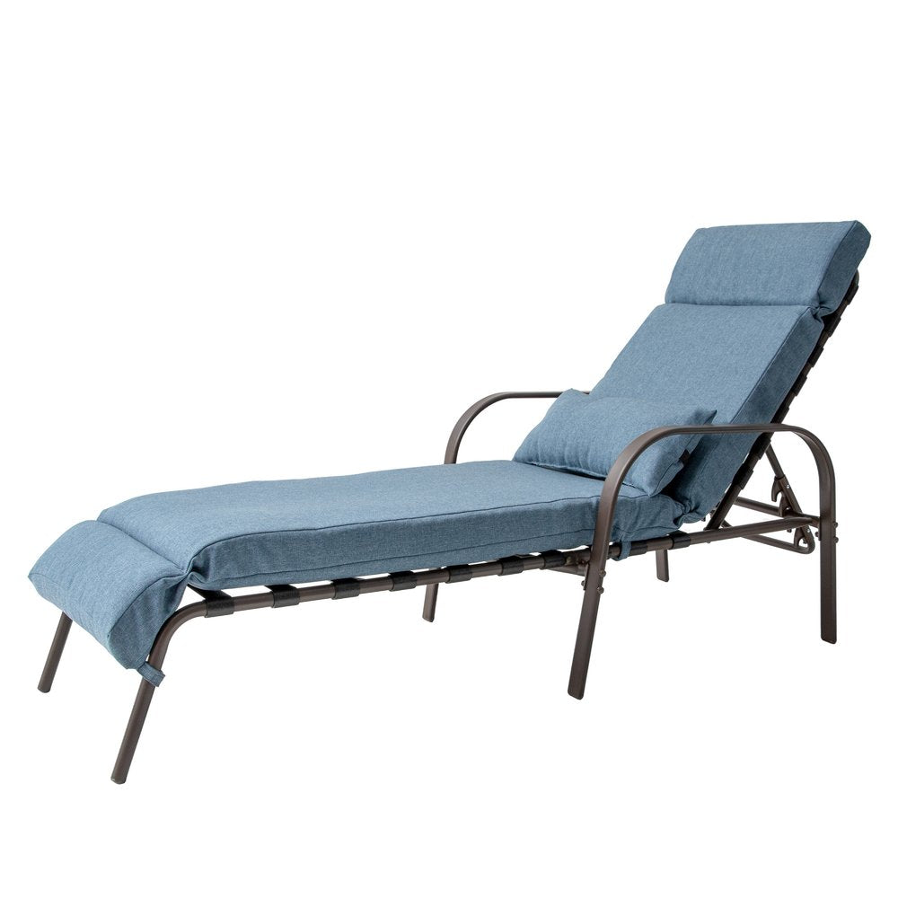Set of Two Brown Aluminum Six Position Adjustable Outdoor Folding Chaise Lounges with Denim Blue Cushion