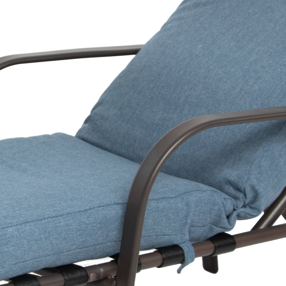 Set of Two Brown Aluminum Six Position Adjustable Outdoor Folding Chaise Lounges with Denim Blue Cushion
