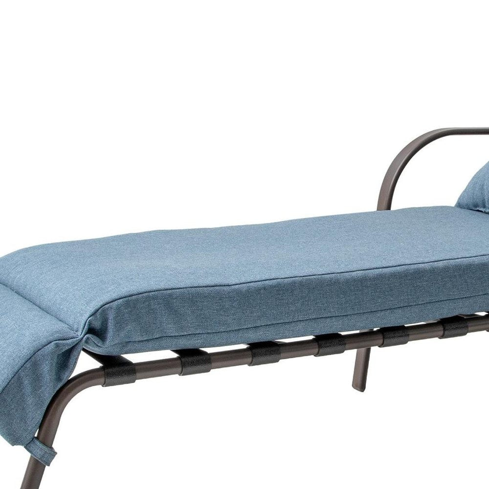 Set of Two Brown Aluminum Six Position Adjustable Outdoor Folding Chaise Lounges with Denim Blue Cushion