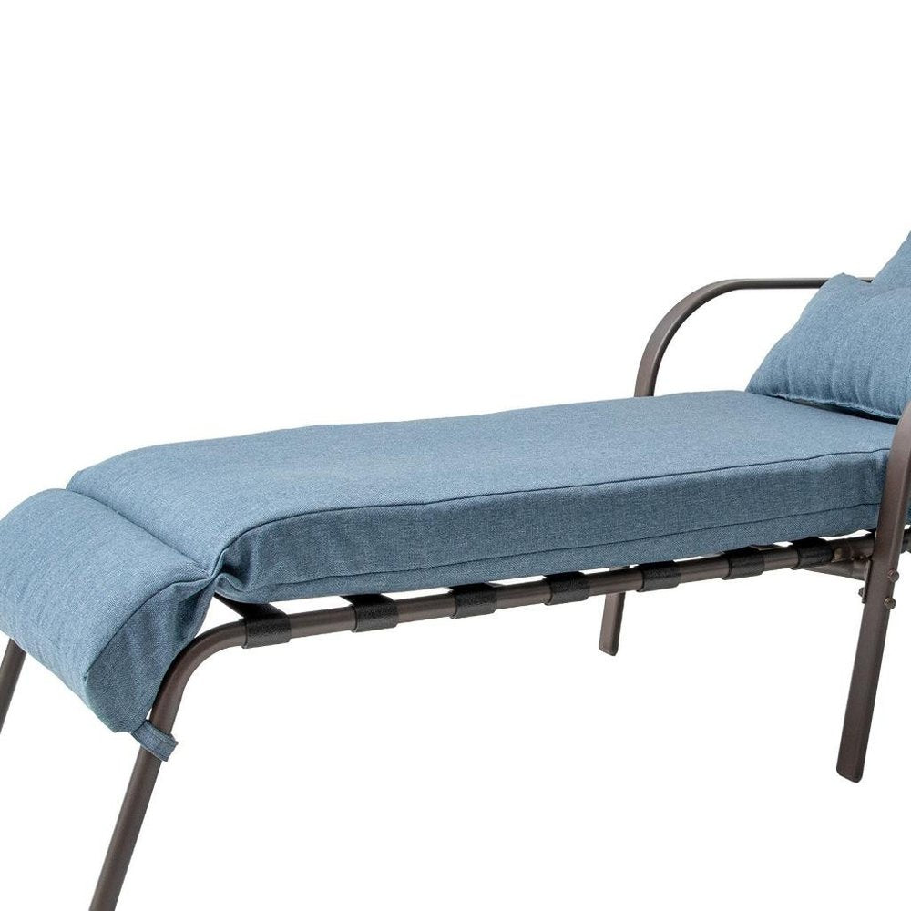 Set of Two Brown Aluminum Six Position Adjustable Outdoor Folding Chaise Lounges with Denim Blue Cushion